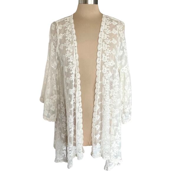 Magnolia Lane Cream Sheer Lace Kimono Size M Fairy Boho Romantic Cottage Angel - Picture 1 of 10